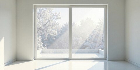 Fototapeta premium Serene Winter View from a Minimalist Room's Large Window