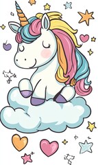 Cute Rainbow Unicorn on Cloud with Stars and Hearts