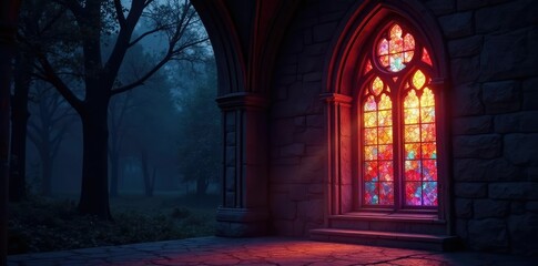 The stained glass window is illuminated by a soft ethereal light at night, light, stained glass, mystical