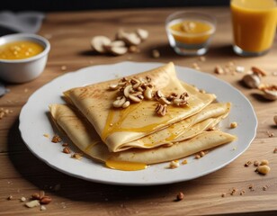 Thin crepes with a drizzle of honey and a sprinkle of chopped nuts, sweet breakfast, dessert
