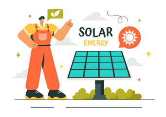 Solar Energy Installation Vector Illustration featuring a Home Service Team Maintaining Solar Panel or Wind Turbines for Electricity Network Operation