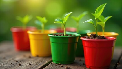 Tiny pepper seedlings peeking out of brightly colored cups, small plants, peppers