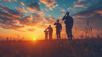 Fototapeta premium Silhouettes of soldiers saluting against the backdrop of a sunset or sunrise with the USA flag, creating a greeting card for Veterans Day, Memorial Day, and Independence Day celebrations.