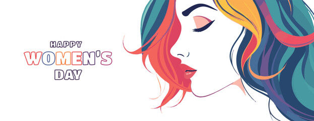Happy women's Day wishing or greeting card 8 march long banner poster with woman face with stylish Colourful hair template, advertising, female, sign, icon, symbol, silhouette,
