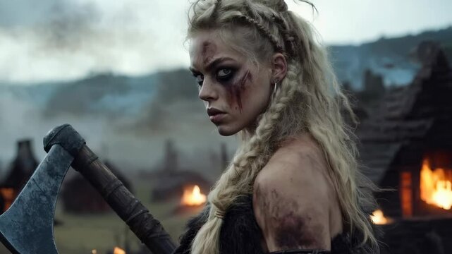 The fierce gaze of a strong Viking woman warrior: intense expression, battle spirit, fearless glance, Norse strength, warrior pride, ancient courage, piercing eyes, fierce presence, valiant heart.