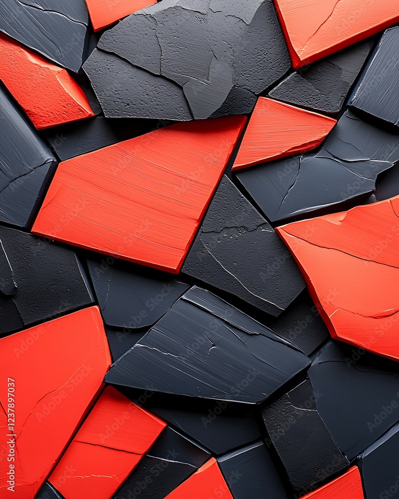 Aufkleber textured surface featuring irregularly shaped red and black tiles arranged in a dynamic pattern. tal