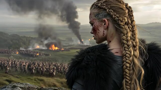 The intense eyes of a resilient Viking shieldmaiden: fearless glare, warrior spirit, strong will, Norse bravery, fierce focus, battle strength, valiant heart, powerful gaze, unwavering courage.