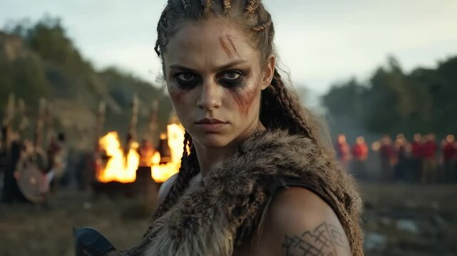 The fierce gaze of a strong Viking woman warrior: intense expression, battle spirit, fearless glance, Norse strength, warrior pride, ancient courage, piercing eyes, fierce presence, valiant heart.
