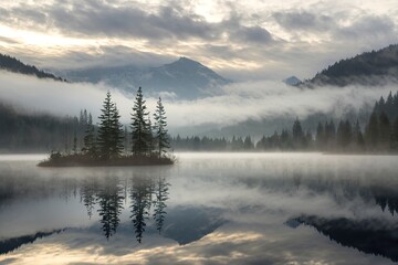 Fototapeta premium panoramic landscape photo of a mystical morning scene with fog over a lake