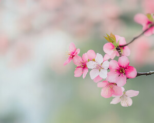 Obraz premium Delicate Pink Cherry Blossom Flowers in Bloom on a Spring Branch, Perfect for Nature-Themed Designs and Backgrounds.