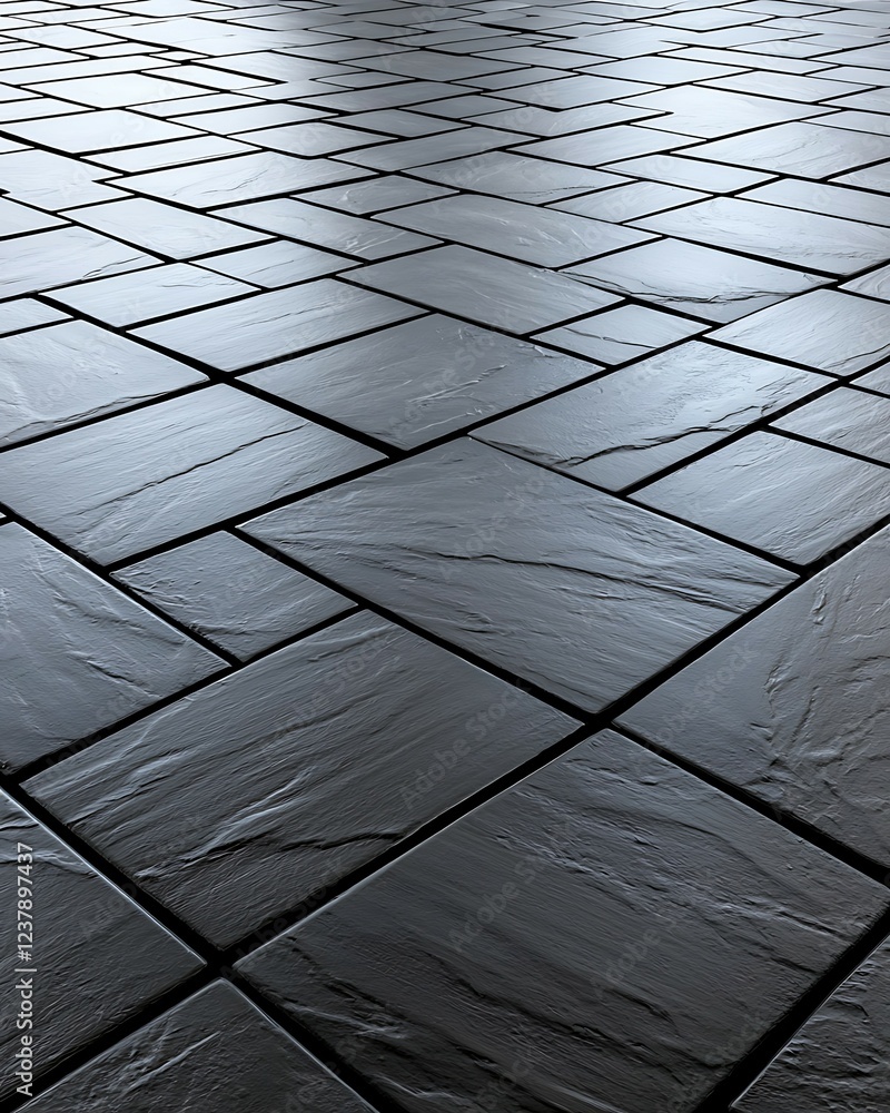 Poster textured dark stone tiles arranged in a herringbone pattern, creating a modern and sophisticated flo