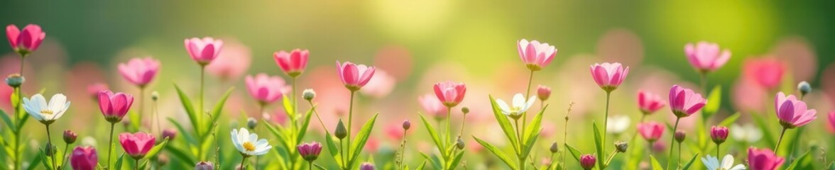 Obraz premium Pink and white wildflowers sway in the breeze, nature, spring, floral