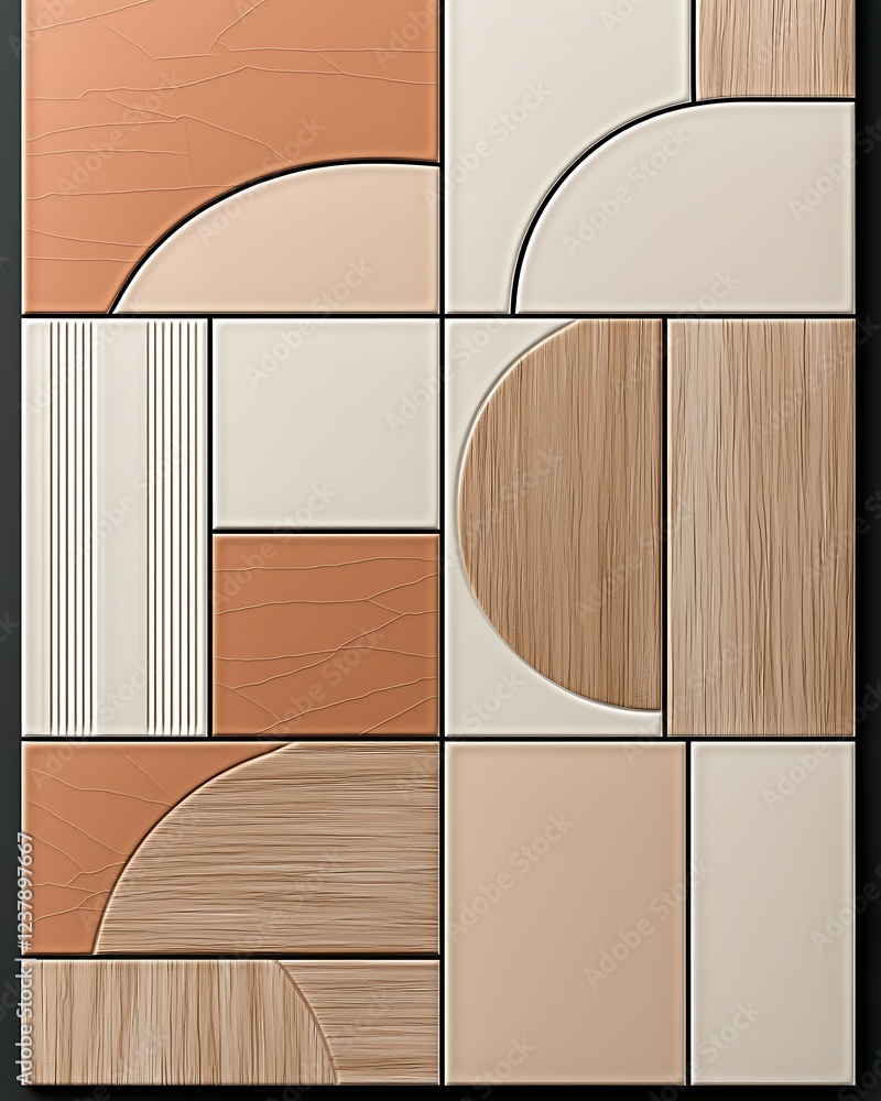 Poster abstract geometric patterns with various textures and colors, showcasing a modern design aesthetic. 
