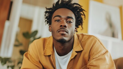 Portrait of a Young Black Man with Natural Hair in a Stylish Setting, Capturing Personality and Confidence in a Bright Urban Space