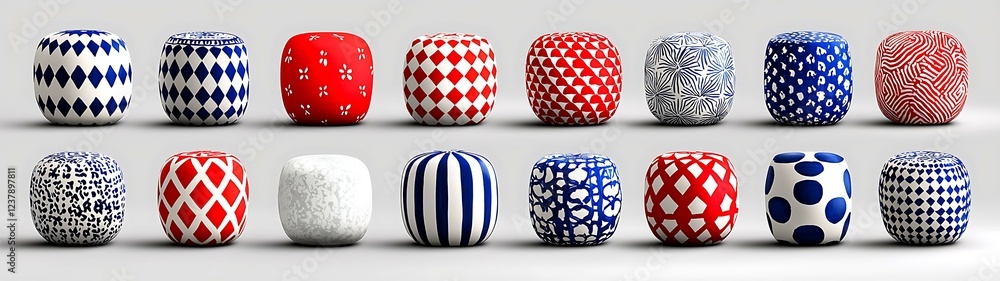 Aufkleber colorful decorative beads with various patterns in red, white, and blue arranged in a neat row on a 