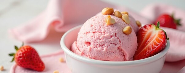 Strawberry ice cream with a few chopped nuts on top, white, ice cream