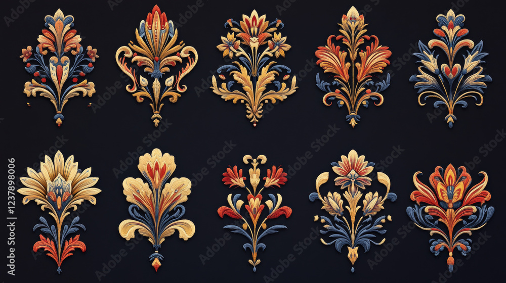 Poster vintage floral patterns and elements set in medieval style. jpeg version also available in gallery