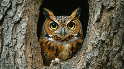 Owl peering out of a tree hole, eyes wide open, portrait shot
