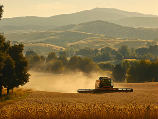 Naklejka premium Combine harvesting wheat in rolling hills at sunrise