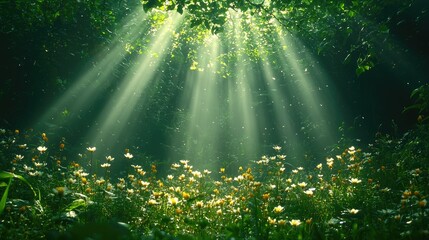 Fototapeta premium Sunbeams Illuminate A Field Of Blossoming Flowers
