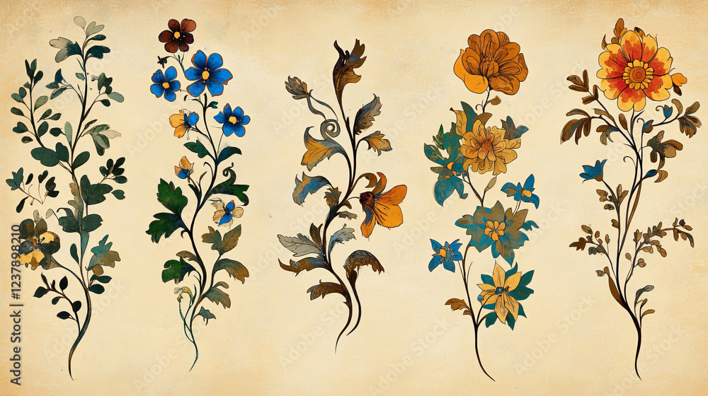 Poster vintage floral patterns and elements set in medieval style. jpeg version also available in gallery