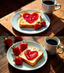 Set of romantic St Valentine's breakfast - toast decorated with strawberry jelly in shape of heart. Romance idea for love and romance. Tasty surprise with berries for lover 