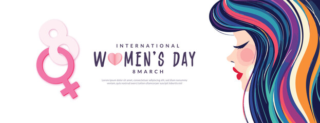 Happy women's Day wishing or greeting card 8 march long banner poster with woman face with stylish Colourful hair template, advertising, female, sign, icon, symbol, silhouette,