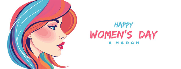Happy women's Day wishing or greeting card 8 march long banner poster with woman face with stylish Colourful hair template, advertising, female, sign, icon, symbol, silhouette,