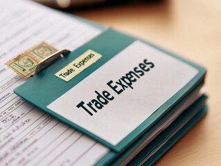 trade expense regulation concept Organized folder labeled "Trade Expenses" with financial documents visible.