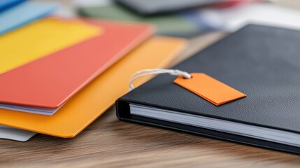 trade expense regulation concept Notebooks and colorful folders arranged on a wooden surface with a tag on one notebook.
