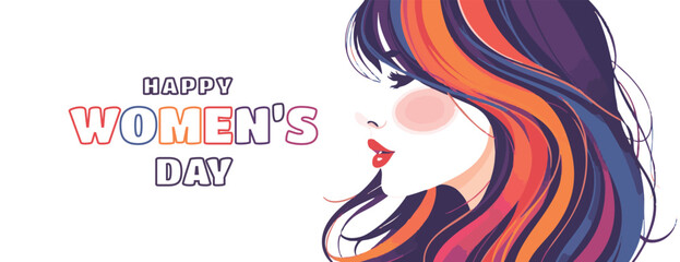 Happy women's Day wishing or greeting card 8 march long banner poster with woman face with stylish Colourful hair template, advertising, female, sign, icon, symbol, silhouette,