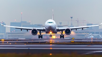 Obraz premium Airplane Landing on Runway at City Airport