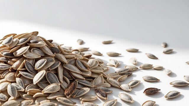 Macro shot of a pile of randomly scattered sunflower seeds on a clean white background, leaving enough copy space for a text overlay or logo.