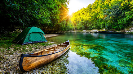 Fototapeta premium Serene River Camping Scene Canoe Tent and Crystal Clear Water
