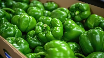 Fresh Green Bell Peppers in a Cardboard Box