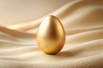 Obraz premium A single gilded egg rests gently on a soft, creamy textile, showcasing its lustrous surface and elegant form.