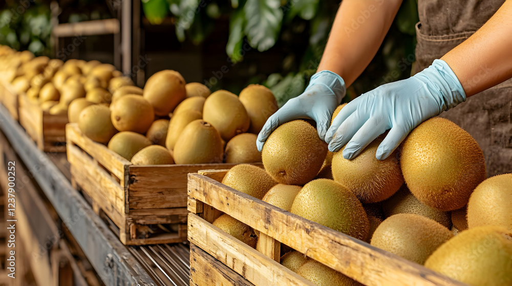 Poster kiwi harvest worker sorting fruit in crates