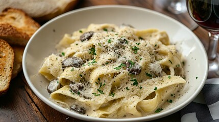 Creamy Mushroom Pappardelle Pasta with Parmesan and Parsley, Rustic Wood Table Setting, Warm Tones, Close-up, Food Photography, Delicious Italian Cuisine