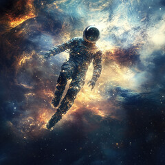Fototapeta premium Stunning Illustration of an Astronaut Floating in a Cosmic Nebula with Vibrant Colors and Space Elements