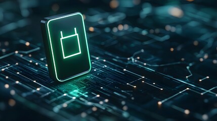 Glowing Modern Battery Icon on Circuit Board Background with Clean Design and Vibrant Lighting Effects