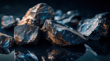 rocks in water, with dark blue and light brown colors, taken from a low angle, using natural lighting. The reflection on the surface and shallow depth of field create a visually striking image. 