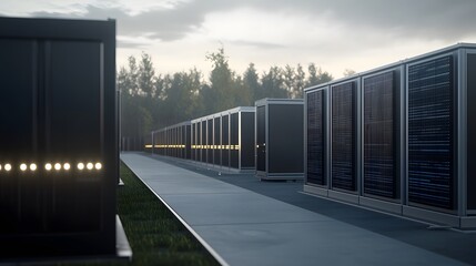 Obraz premium Clean and Vibrant Digital Visualization of Solar Energy at a Modern Facility with Storage Units