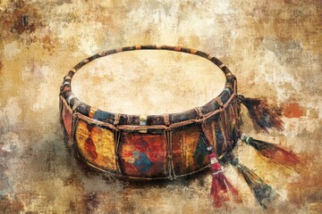 Fototapeta premium Traditional Handcrafted Drum with Colorful Patterns and Textures