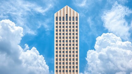 Fototapeta premium Tall Beige Skyscraper Against Blue Sky With Clouds