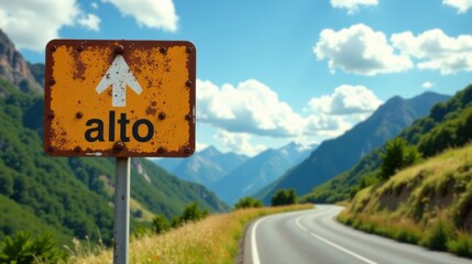 Rustic Road Sign with Upward Arrow Indicates Stop Ahead in Mountain Pass