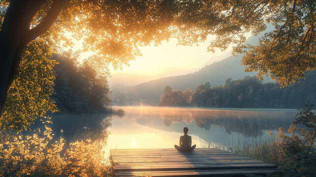 Meditation in Nature: A person sitting cross-legged on a wooden deck overlooking a peaceful lake at sunrise, practicing mindfulness meditation with soft morning light enhancing the serene atmosphere.  - Powered by Adobe