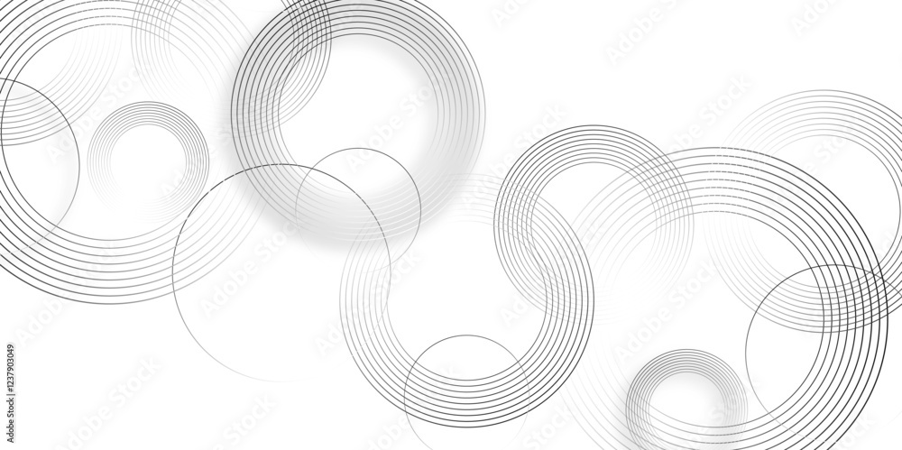 Poster Abstract white background with black circle rings. Spiral sound wave rhythm line and dots dynamic abstract background, Vector illustration design for presentation, banner, cover, poster, texture Etc.	