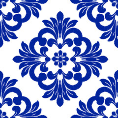 Seamless Moroccan Ceramic Pattern. White Tiles with Watercolor Hand Painted Navy Blue Background.