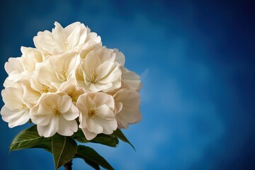 A close-up of a cluster of white cherry blossoms in full bloom against a soft blue background, showcasing delicate petals and a serene springtime atmosphere
