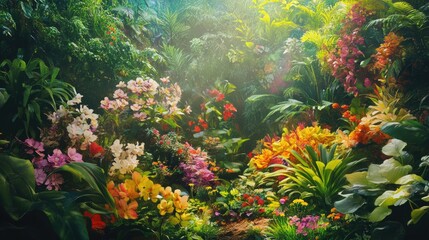 A lush summer garden full of blooming flowers and vibrant green plants.
